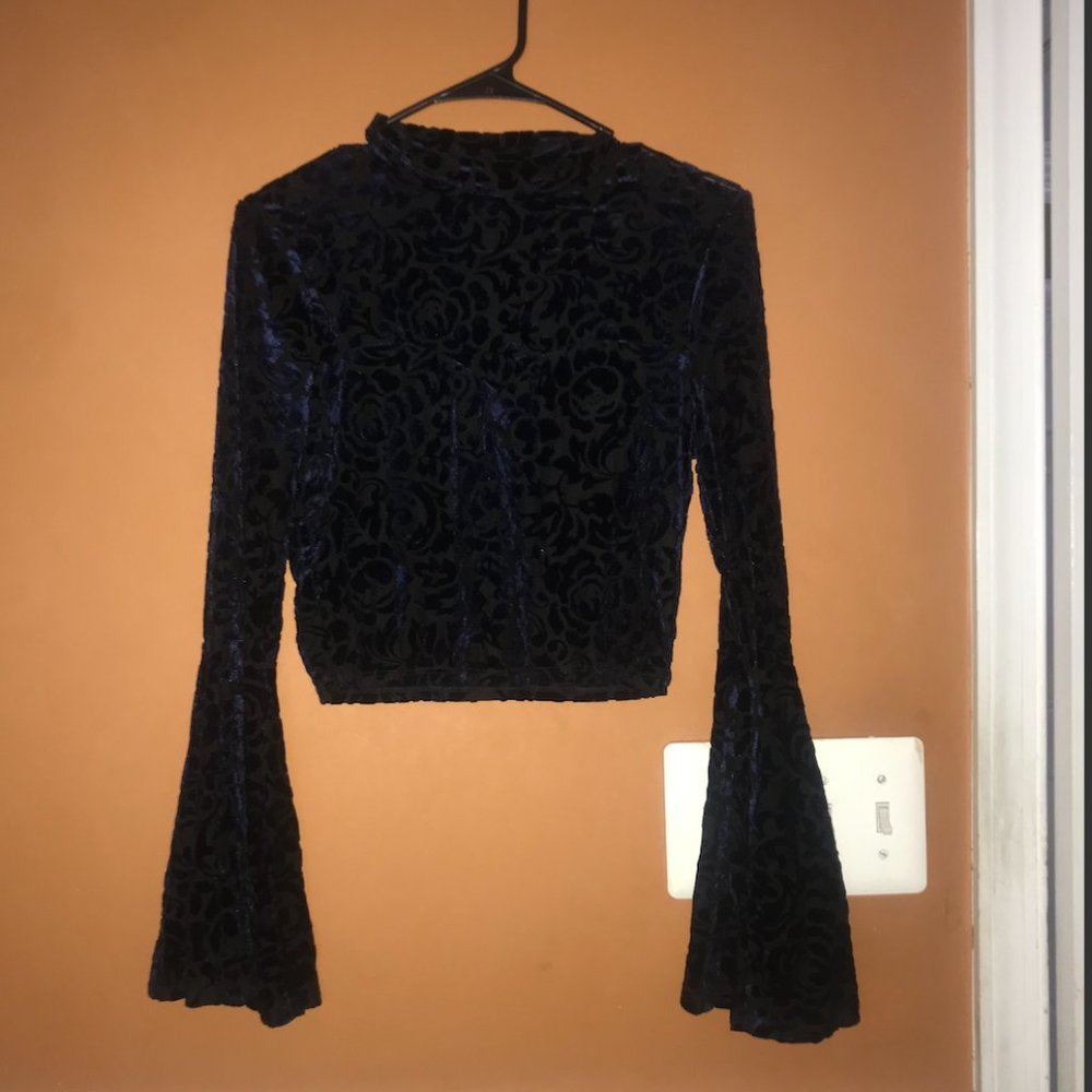 Black & Blue Floral Velvet Crop Top